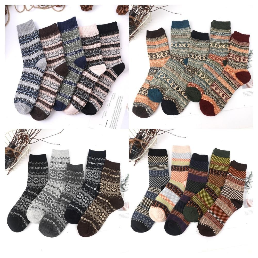 WEETW 5 Đôi Tất Cotton Nam, Tuyết Giữa Bắp Chân Dày Tất Mùa Đông, Mềm Mại Ấm Áp Phong Cách Bắc Âu Giáng Sinh Ống Len Tất Thu Đông