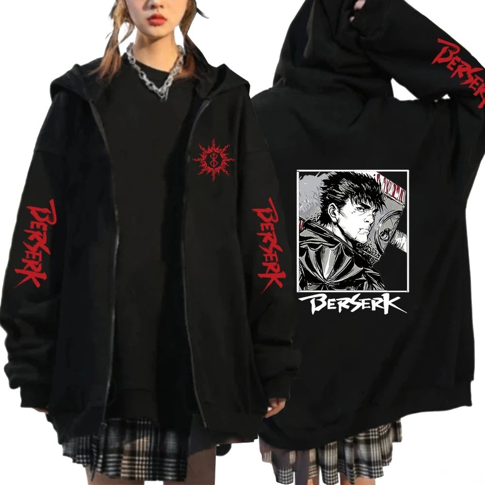 Anime Berserk Guts Mắt Áo Khoác Dây Kéo Manga Áo Hip Hop Thời Trang Quá Khổ Dài Tay Unisex