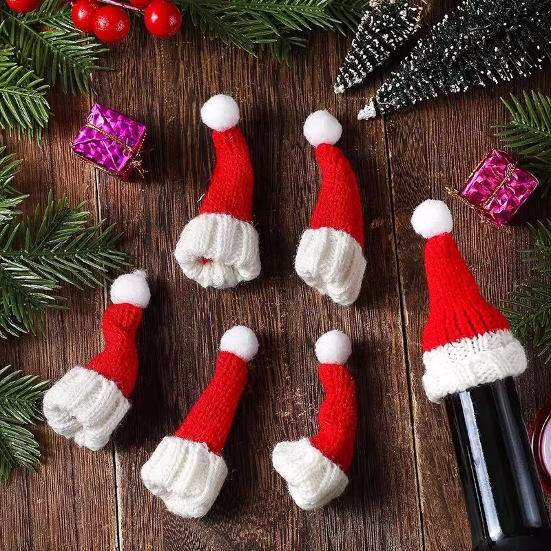 Bộ nắp chai rượu vang dự tiệc Giáng sinh mới Trang trí chai ông già Noel bằng vải dệt kim Mũ đỏ