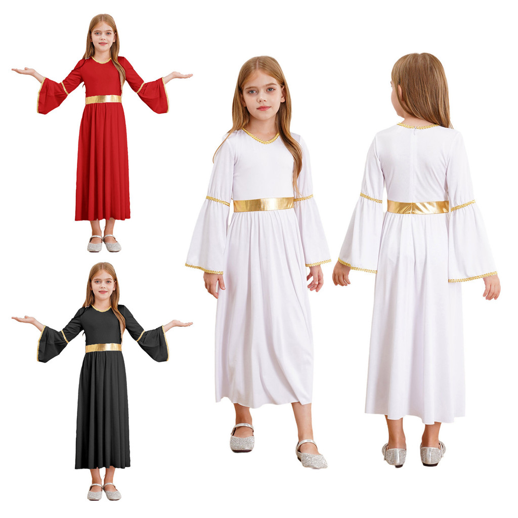 Nmy - 6-16 Bé Gái Thiên Thần Cosplay Trang Phục Thiên Thần Đầm Dài Tay Vàng Viền Chắp Vá Áo Cho Tiệc Cosplay Hiệu Suất Sagge
