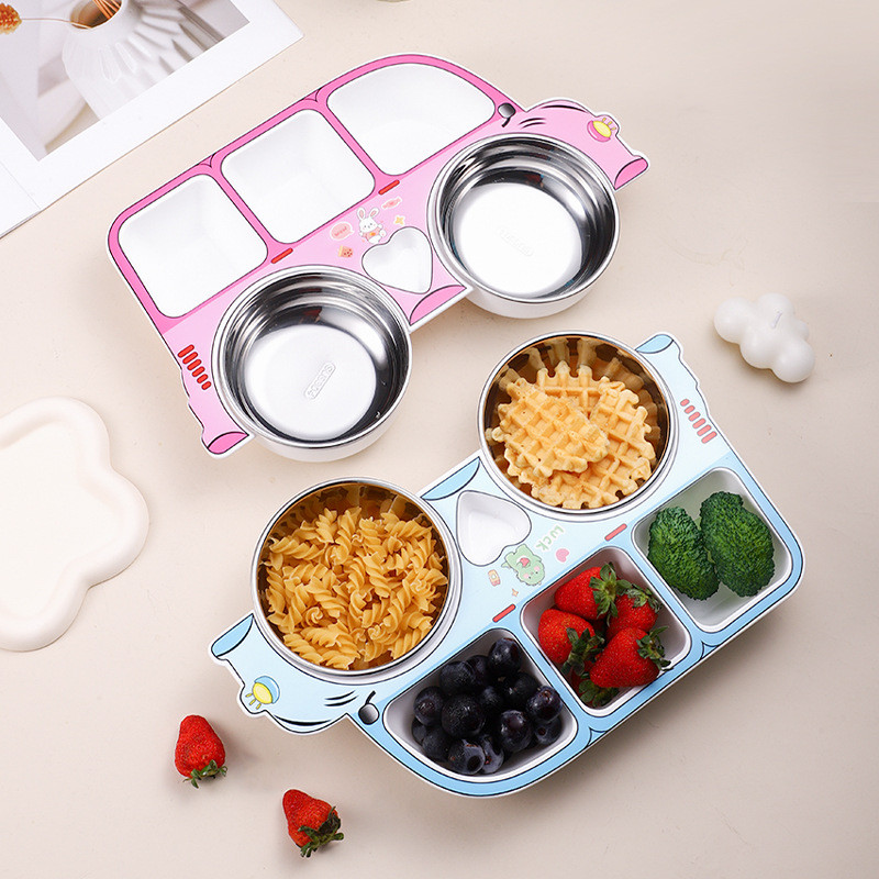 Bộ đồ ăn trẻ em bằng thép không gỉ 304 Bộ đồ ăn năm mảnh dễ thương Lưới vui nhộn siêu chống sốc