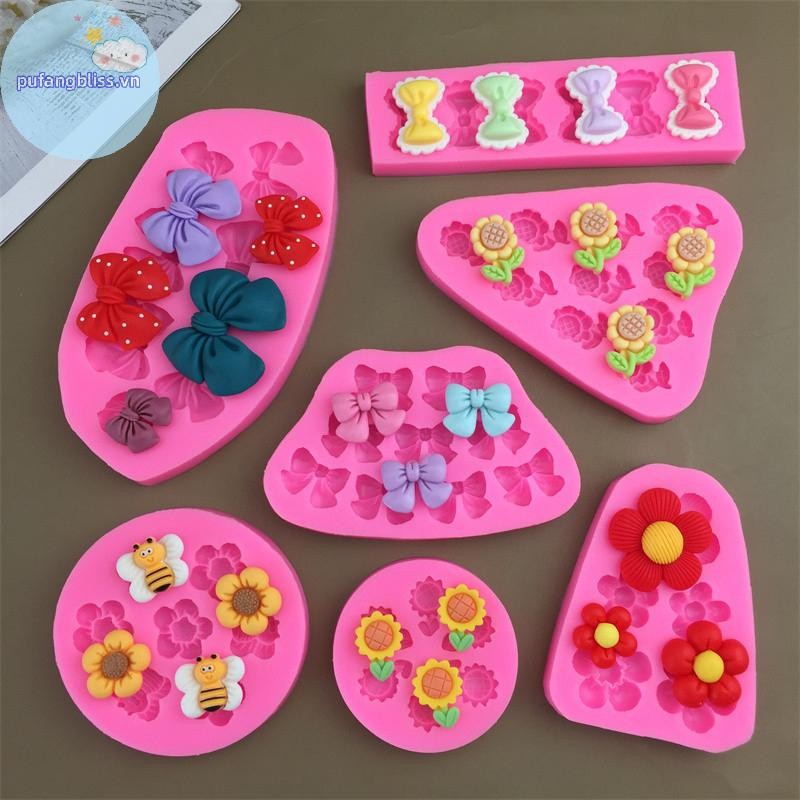 Pufangbliss Hoạt Hình Dễ Thương Hoa Nơ Ong Fondant Khuôn Silicon DIY Cupcake Fondant Bánh Trang Trí Sô Cô La Kẹo Nướng Khuôn VN