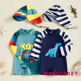 MG-Toddler Boys Rash Guard Đồ bơi Bộ đồ tắm dài tay sọc in hình khủng Long có mũ bơi