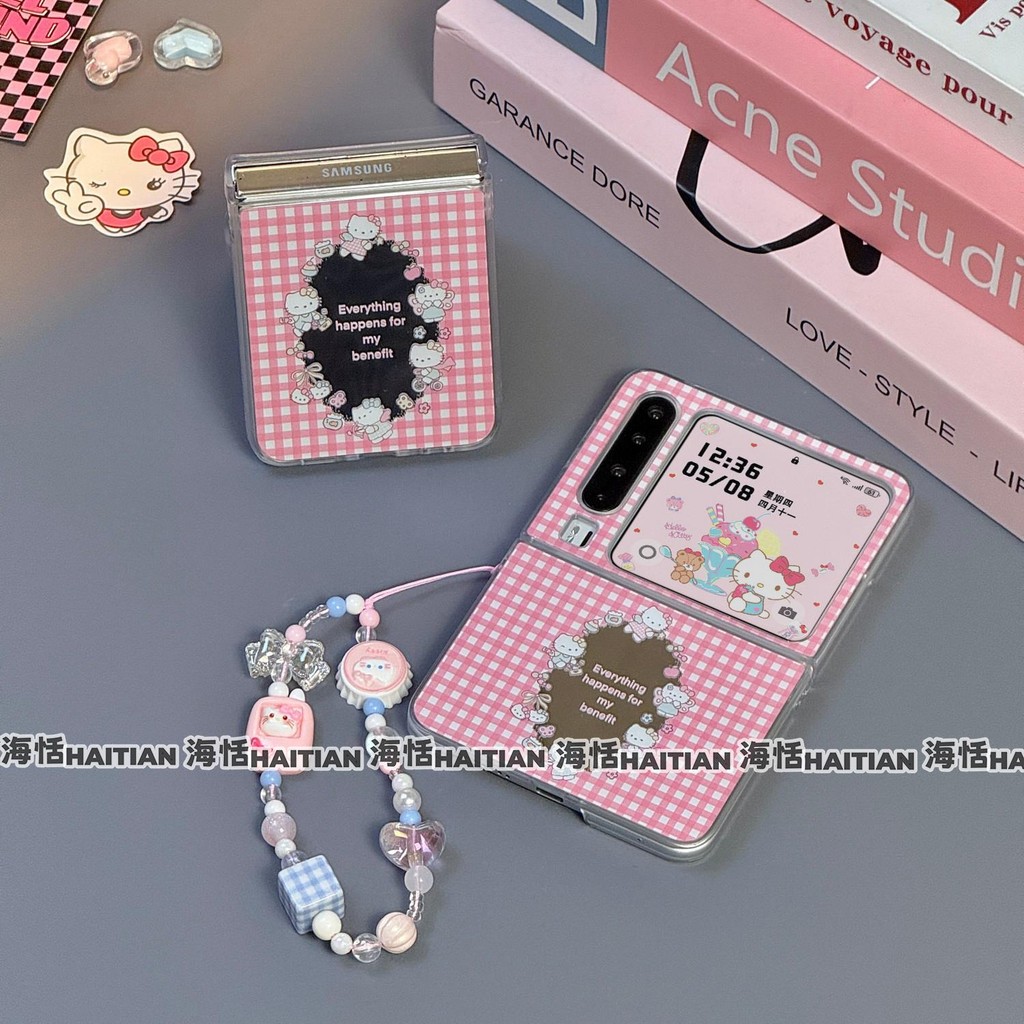 Gương Màu Hồng Checkered Kitty Vòng Tay Thích Hợp Cho Samsung Galaxy Zflip7 Vỏ Điện Thoại Hoạt Hình Dễ Thương Dây Gấp Vỏ Cho ZFlip 7 6 5 4 5G N3flip Mixflip Vỏ Bảo Vệ