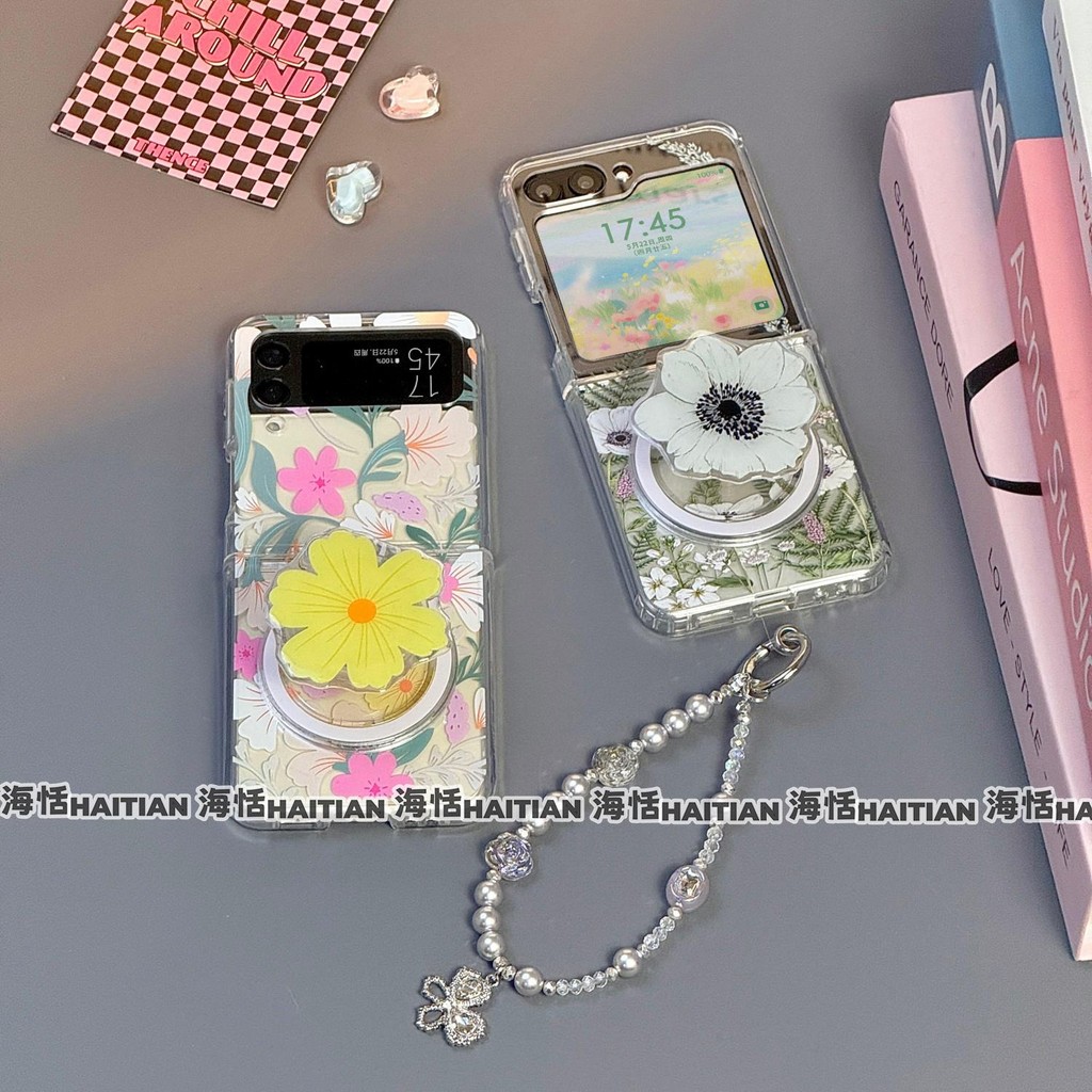 Ốp Điện Thoại Thích Hợp Cho Samsung Galaxy ZFlip7 Mới Tươi Nhiều Màu Sắc Hoa Từ Giá Đỡ Gấp Vỏ Cho ZFlip 7 6 5 4 3 5G Dây Bảo Vệ