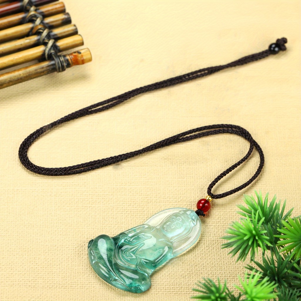 Vòng cổ mặt dây chuyền bằng đá tự nhiên thanh lịch Unisex-Đèn xanh lam màu đen có hạt đỏ, Trang sức thiền tâm linh, Vòng cổ thời trang | Mặt dây chuyền thanh lịch | Vòng cổ hình nhân vật bằng đá tự nhiên