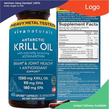 Thực phẩm bảo vệ sức khoẻ Omega3 Krill-S Dầu nhuyễn thể Viva Naturals Krill oil 1250mg DHA EPA Omega-3 Astaxanthin 60v