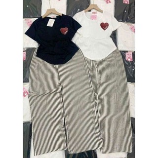 SÉT BỘ QUẦN  KẺ SỌC VẰN + MIX ÁO THUN CROPTOP TĂM NGẮN-crt in ngực tim love( đỏ)-