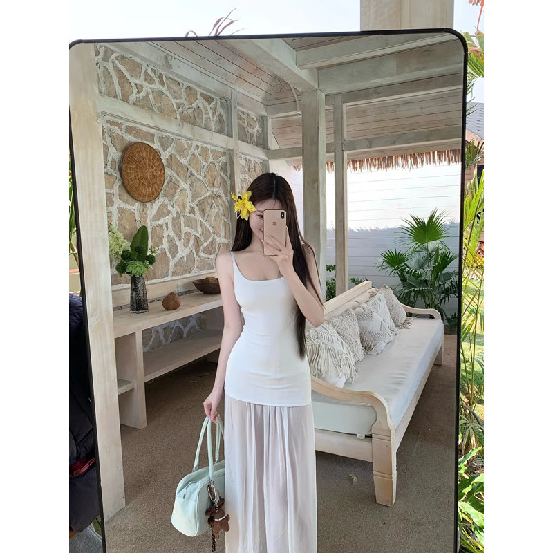 Milyfashion Trắng Pháp Sling Đầm Phong Cách Mới Mùa Hè Kỳ Nghỉ Khâu Gạc Váy Dài Quần Áo Nữ