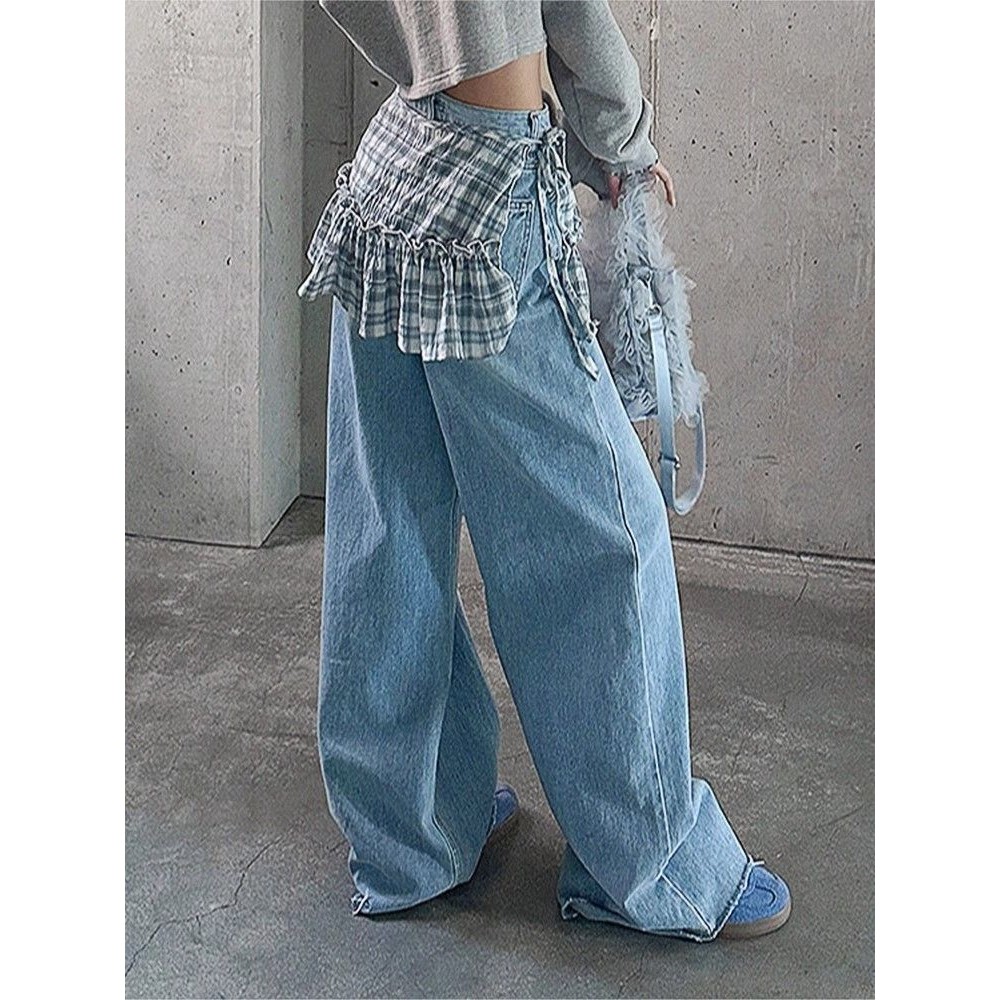 Milyfashion Kẻ Sọc Mông Rèm Phong Cách Mới Xám Xanh Ẩn Đáy Quần Bên Ren Kẻ Sọc Dưới Thân Váy Lớp Quần Áo Nữ