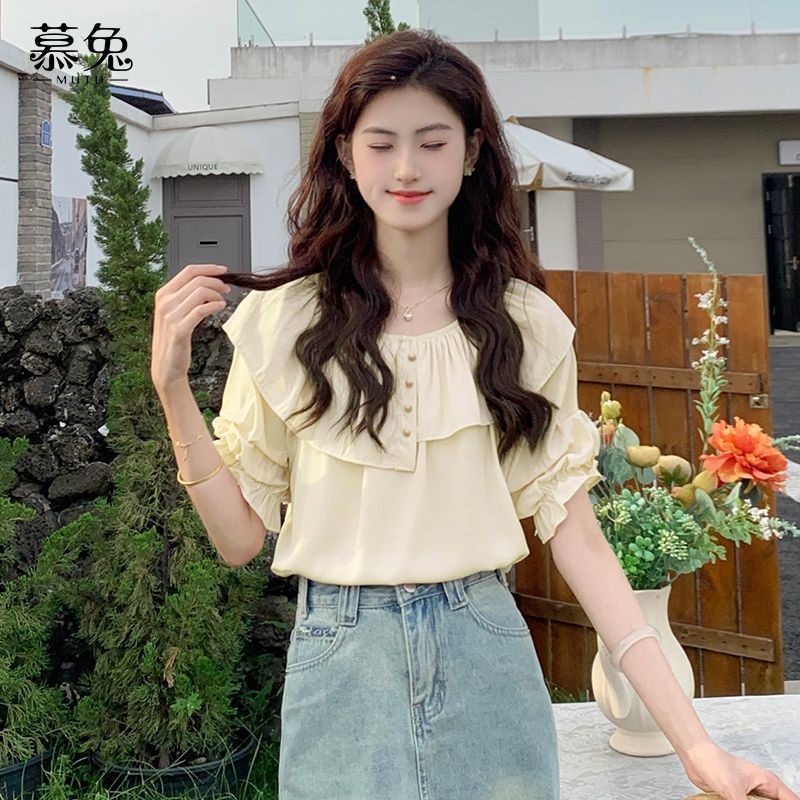 Mutu Áo sơ mi voan xù ngắn tay cổ tròn phong cách Pháp mới nhất, phù hợp mùa hè