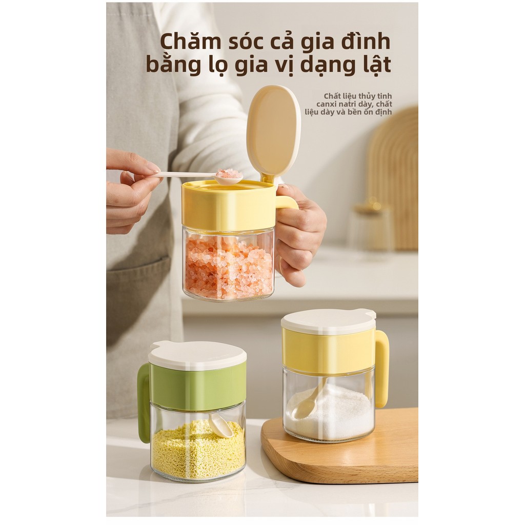 Hũ đựng gia vị thủy tinh cao cấp chống ẩm kèm muỗng - Hộp đựng gia vị nhà bếp tiện dụng, kín khí, bảo quản tốt