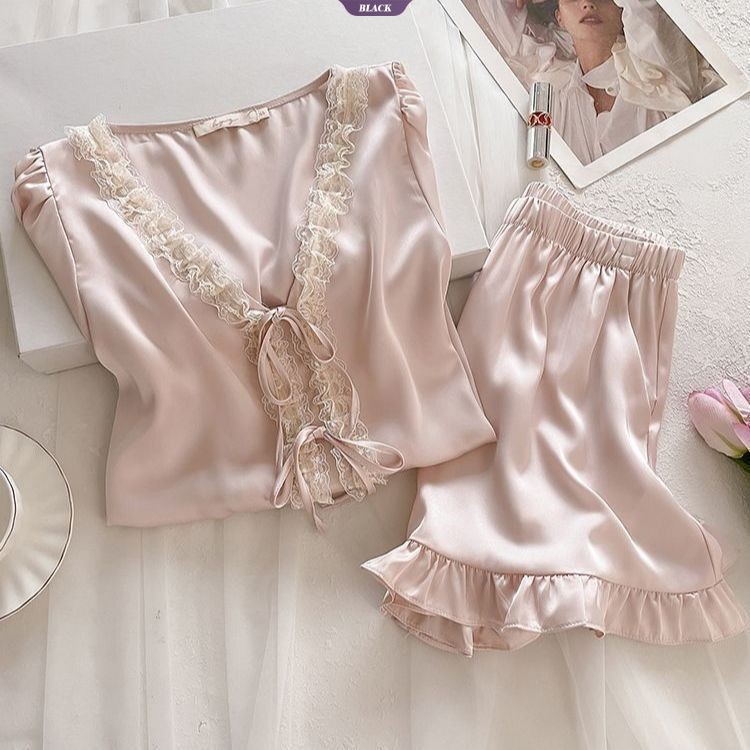 Bộ đồ ngủ nữ màu hồng ren cao cấp, phù hợp mùa hè