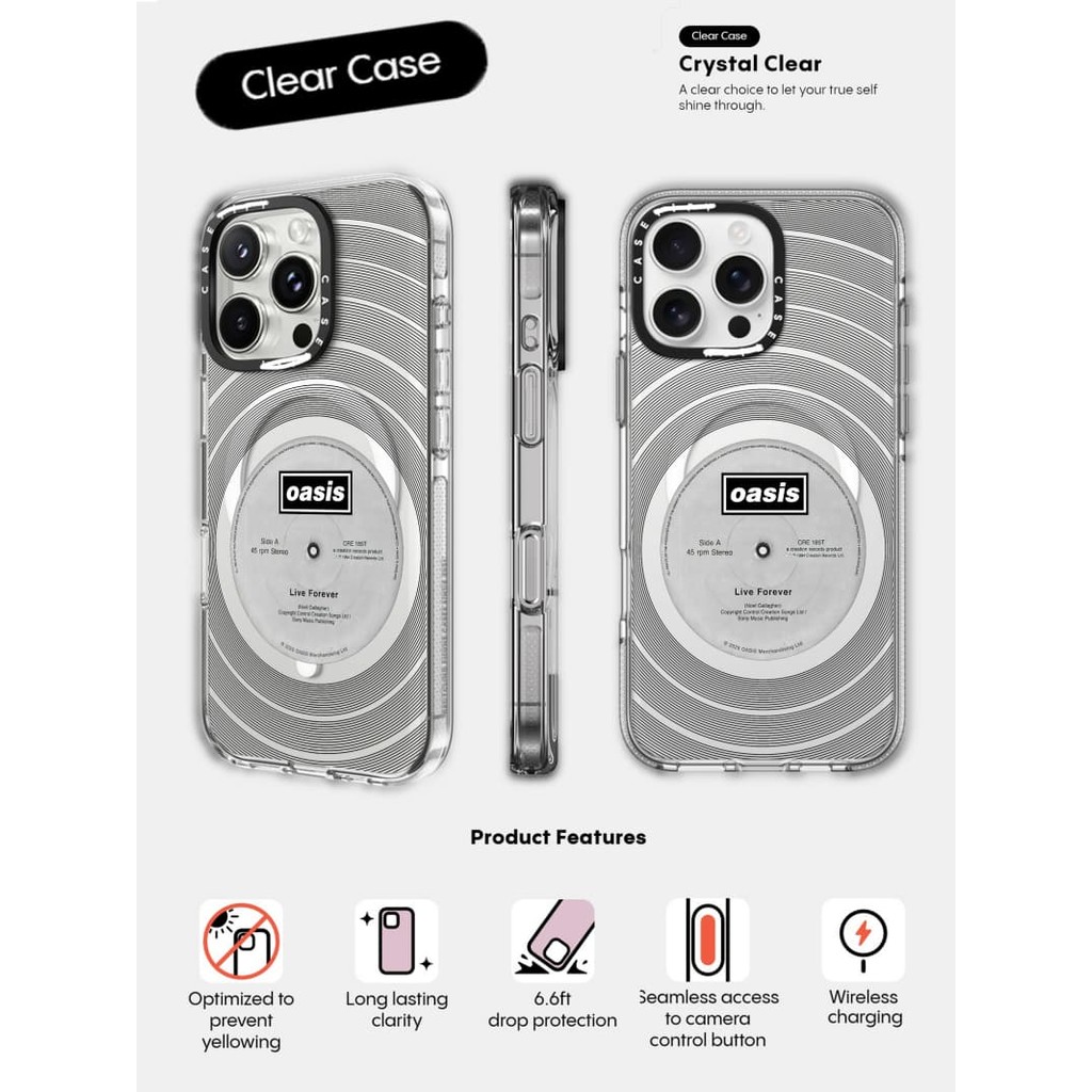 CASECASE X Oasis Record Case Impact Clear Magnet Hút cho IPhone 16 / 15 / 14 / 13 Pro Max | Mặt sau Acrylic bảo vệ quân sự với bao bì cao cấp