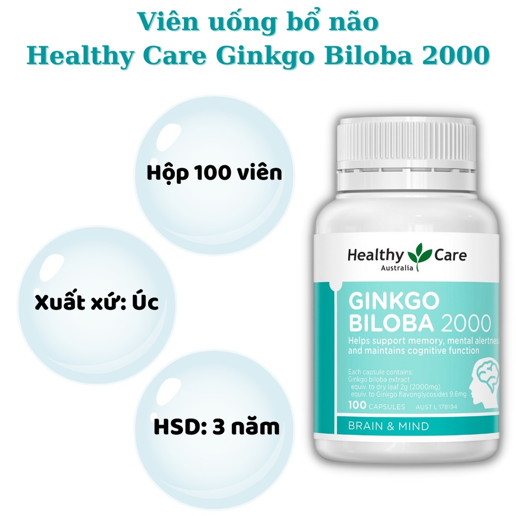 Viên uống bổ não úc Healthy Care Ginkgo Biloba hộp 100 viên