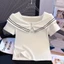 Áo thun Cotton trắng cổ vuông ngắn tay nữ 2025 Vai chính hãng Slim-fit Slimer Look Ngắn lộ xương đòn Top 8.15
