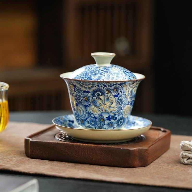 Ru Kiln Be Sancai Gaiwan Có Thể Treo Bộ Trà Kung Fu Thường Ngày Cốc Trà Gốm Giá Trị Cao Phong Cách Trung Hoa Mới Nam / Nữ Trà Cốc