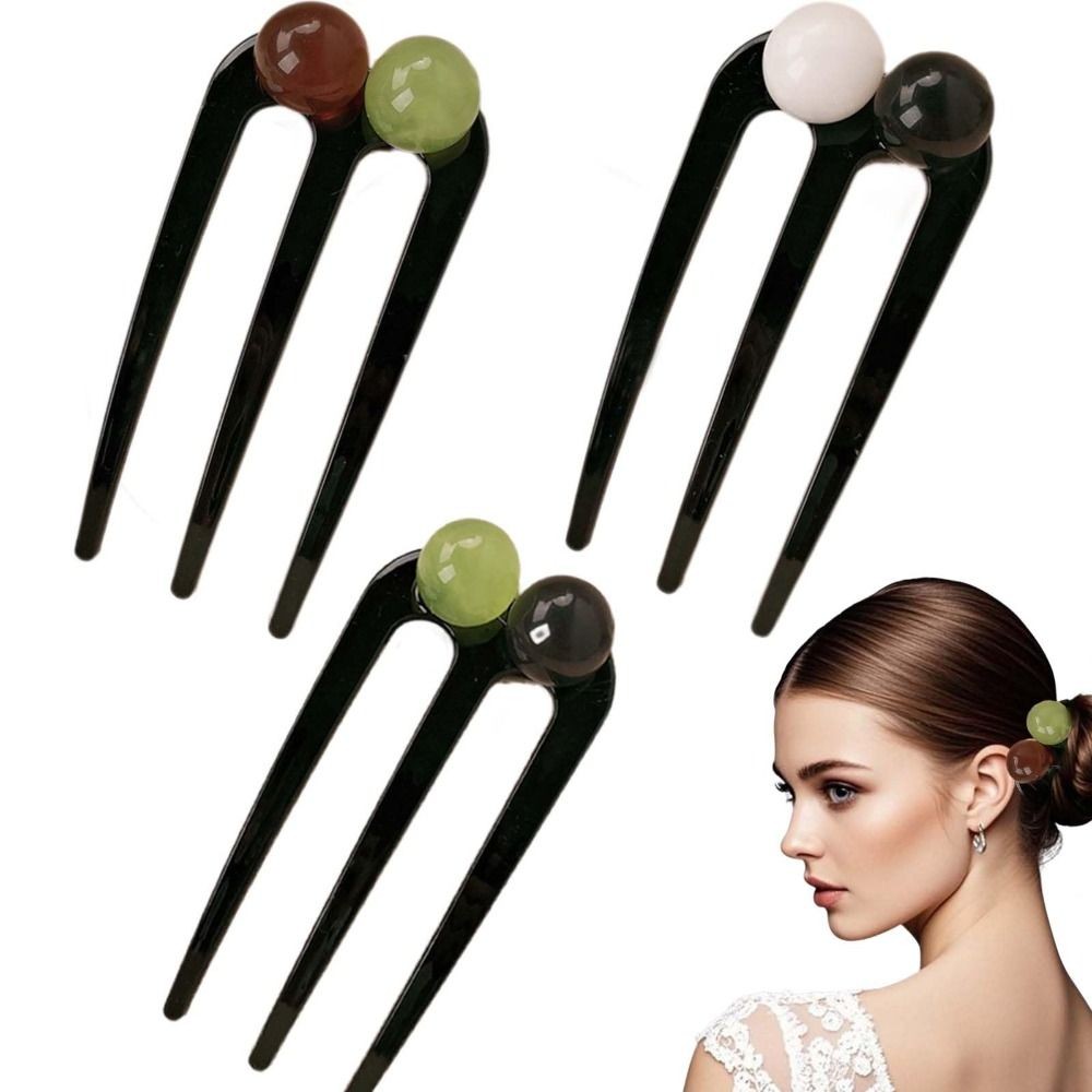 Kẹp Tóc Hình Chữ U SLICELLIFE, Phụ Kiện Tóc Ba Răng Đính Hạt, Nhựa Chắc Chắn Vintage Meatball Đĩa Tóc