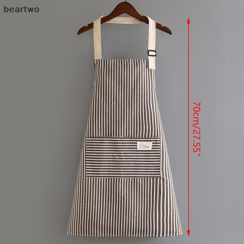 < Beartwo > Tạp dề không tay Tạp dề cổ thoáng khí Nhà hàng Vải lanh Cotton đặc biệt Vệ sinh nhà bếp Tạp dề sọc dọc đẹp