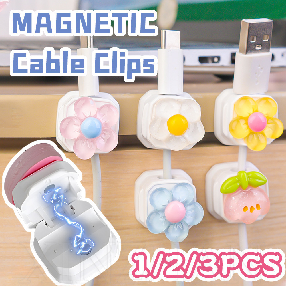 1 / 2 / 3 Kẹp cáp từ tính hoa đầy màu sắc - Giá đỡ dây sạc trái tim tình yêu - Dễ thương, Màu kẹo, Trong suốt - Dành cho gia đình, văn phòng, ô tô - Dụng cụ sắp xếp dây dưới bàn