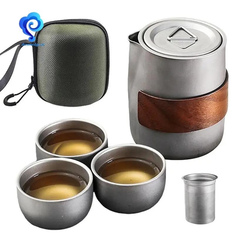 Bộ trà Trung Quốc di động hai lớp, gồm ấm và 3 cốc, kèm hộp bảo quản