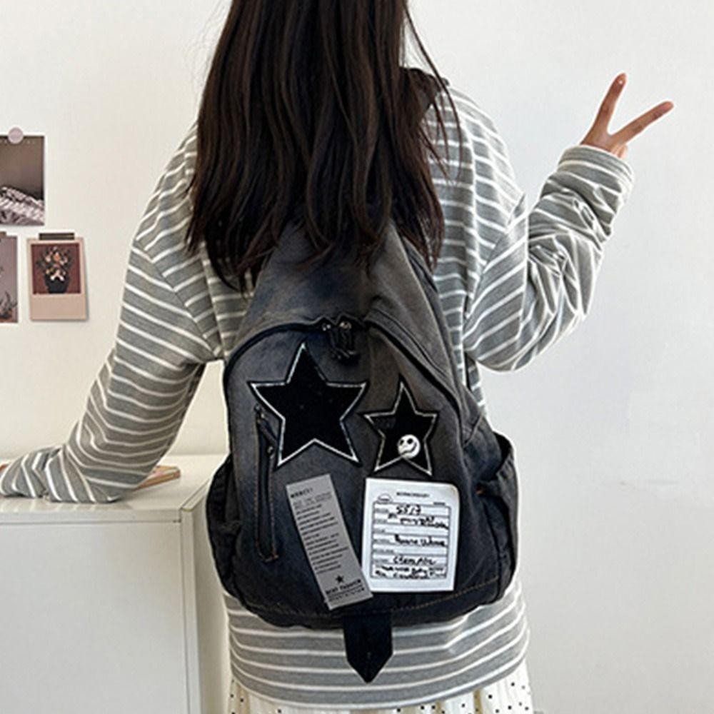 HOBBYIN Ba lô ngôi sao Denim HOBBYIN, Ba lô đi học công suất lớn họa tiết ngôi sao, Túi du lịch thời trang Unisex Y2K All Match ngoài trời
