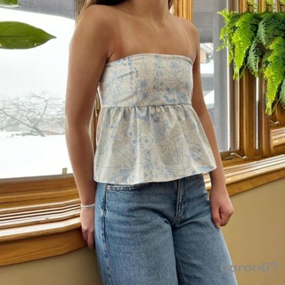 Phụ Nữ Mùa Hè Ống Áo Họa Tiết Hoa Thắt Lưng Off-Shoulder Bandeau Vest Cho Dạo Phố Thẩm Mỹ Quần Áo Grunge