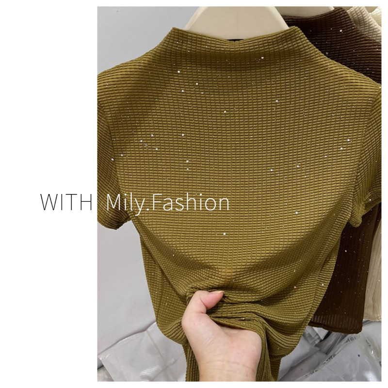 Milyfashion Size Lớn Ôm Hơn Nhìn Nửa Cổ Cao Tay Ngắn Sequined Áo Thun Mùa Hè Phong Cách Mới Phù Hợp Với Da Hàng Đầu