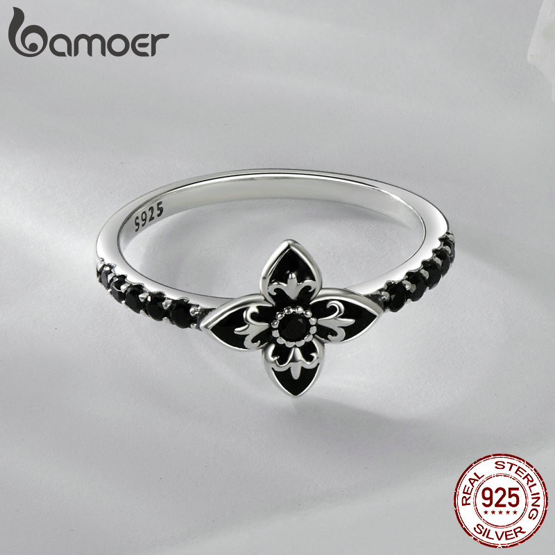 Bamoer 925 Sterling Sliver Nhẫn Hoa Đen Trang Sức Thời Trang Quà Tặng Cho Nữ
