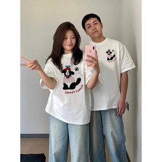 Áo thun ngắn tay 100% cotton dành cho cặp đôi váy mùa hè nữ 2024 mới màu trắng xám dễ thương chó ngắn tay niche rộng rãi nam nữ có cùng mẫu