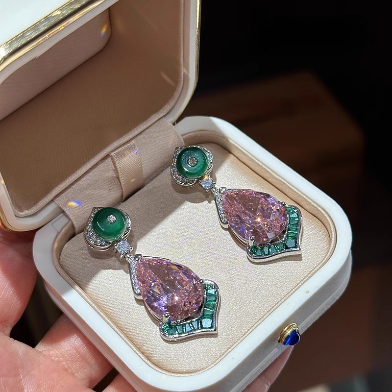 Phong Cách Mới Zircon Bông Tai Hình Giọt Tinh Tế Bông Tai Sang Trọng Thanh Lịch Màu Hồng Sang Trọng Đính Kim Cương Đính Lông