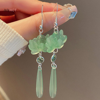 Julyhot 1 Cặp Phong Cách Trung Hoa Sen Mặt Dây Chuyền sel Bông Tai Nữ Cô Gái Cổ Điển Retro Thanh Lịch Dài Thả Bông Tai Trang Sức Quà Tặng Massivedeals