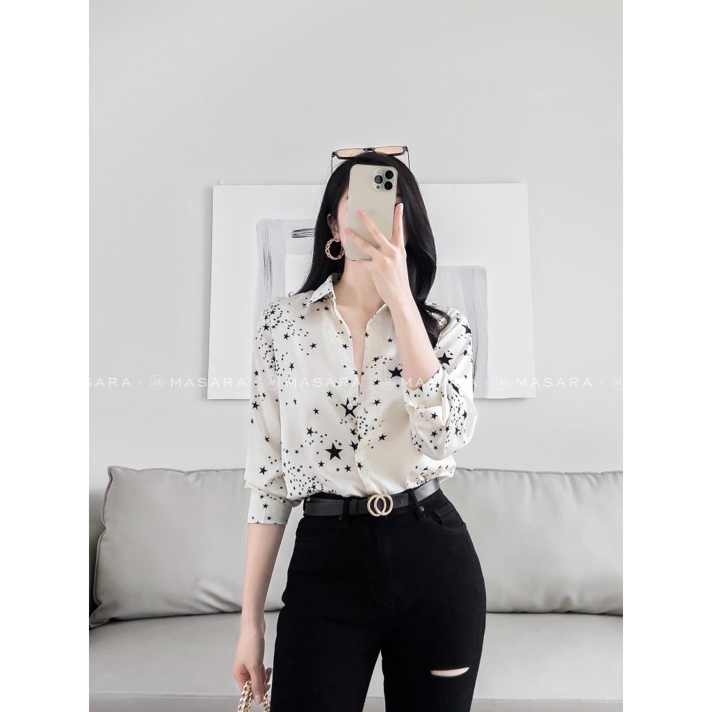 Sơ mi nữ Masara chất lụa mềm mát họa tiết ngôi sao nhí màu kem