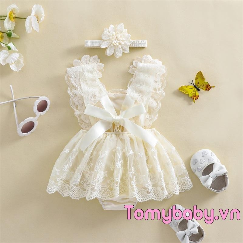 Bộ áo liền quần lưới thêu hoa cho bé gái + Bộ 2 món