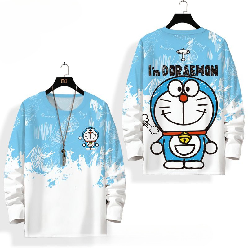 Áo Thun Dài Tay ngoại cỡ áo nam mặc thường ngày Doraemon dáng rộng cổ tròn