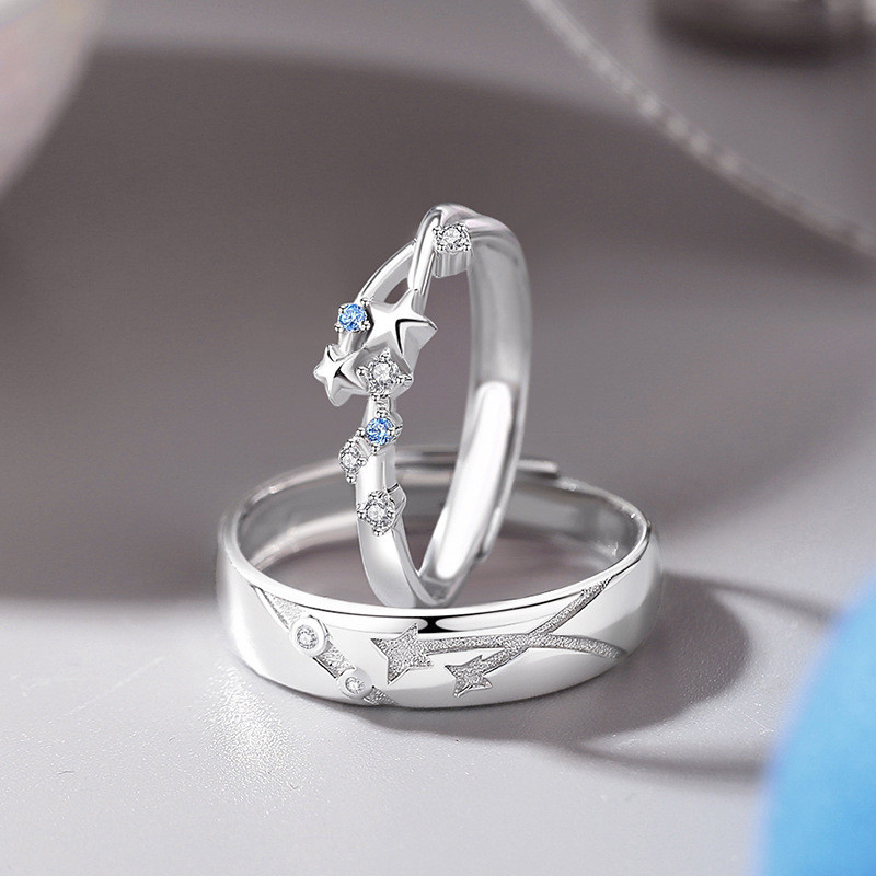 S925 Bạc Kim Cương Sao Băng Tắm Cặp Đôi Nhẫn Mở Có Thể Điều Chỉnh Nam Nữ Nhẫn Cặp Đôi Quà Tặng Ngày Lễ Tình Nhân