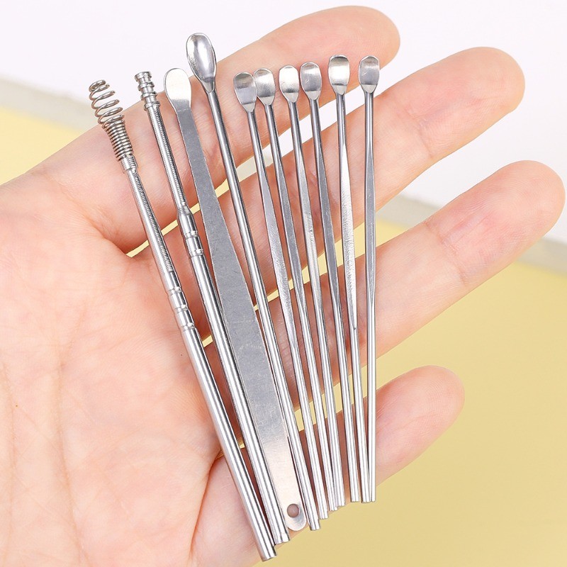 [Nổi bật] 10 Muỗng đào tai bằng thép không gỉ - Dụng cụ làm sạch tai xoắn ốc - Dụng cụ đào tai 360 độ - Di động, tái sử dụng - Dụng cụ làm sạch tai - Phụ kiện làm đẹp