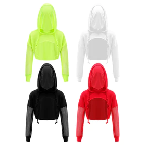 Nmy - 4-16 Trẻ Em Bé Gái Jazz Khiêu Vũ Trình Diễn Trang Phục Dây Rút Có Mũ Crop Top Sheer Lưới Chắp Vá Áo Khoác Tay Dài