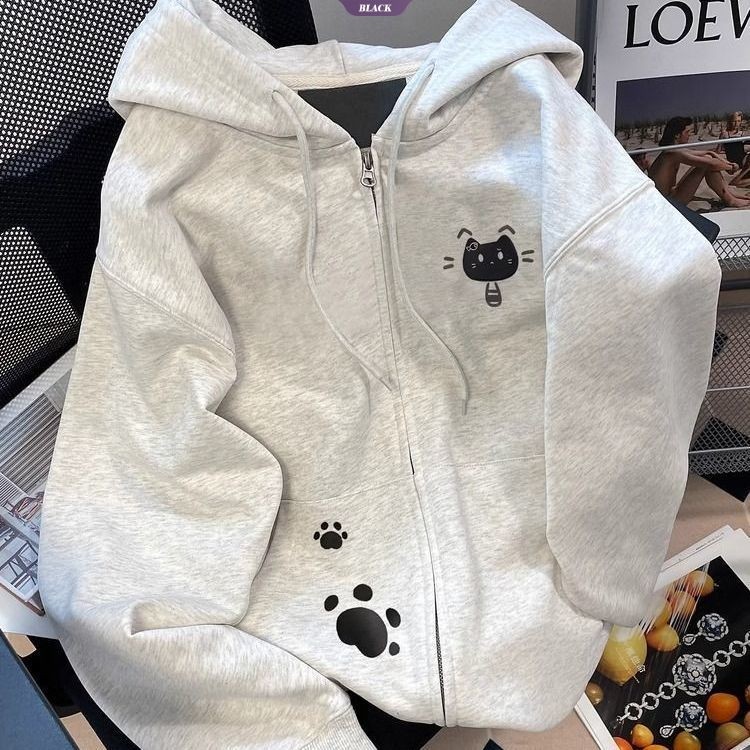 Ngọt Ngào Phong Cách Thoáng Mát Nhật Bản Mèo Dễ Thương In Áo Len Có Mũ Nữ Xuân Thu Rời Gió Lười Zip Áo Khoác Cardigan Ins [BL]