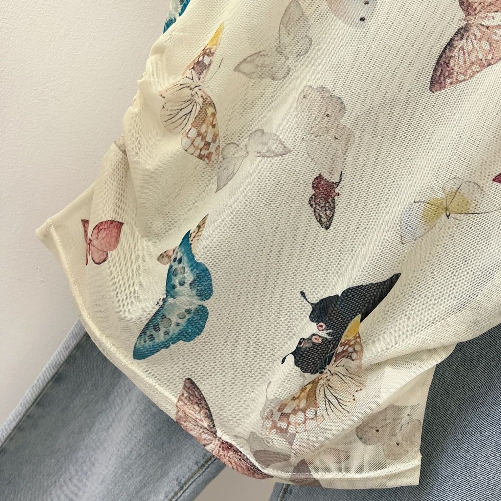 Xếp Ly Eo Eo Ôm Hơn Nhìn Phù Hợp Với Quan Điểm Lưới Ngắn Tay Top Mùa Hè Phong Cách Ngắn Bướm In Hình Áo Thun Nữ