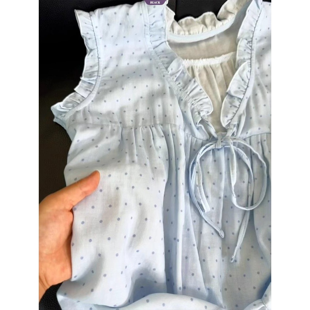 Đồ ngủ nữ bộ vest và quần short bằng gỗ ren chấm bi không tay mới mùa hè
