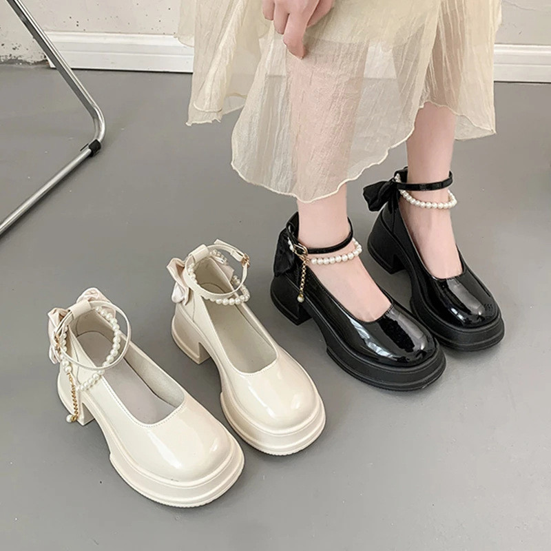 🔥Còn hàng🔥Giày Búp Bê Nữ 7p Mũi Tròn Gót Dày Thiết Kế Khóa Giày lolita đế cao 7cm