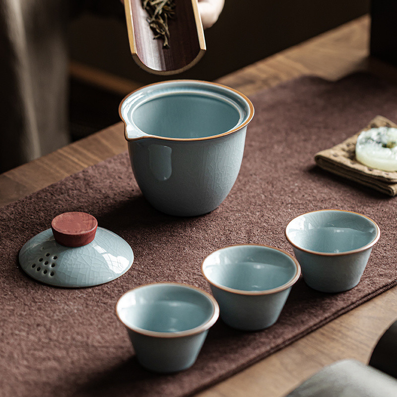 Bộ Trà Gốm Ru Kiln Ice Crack Cốc Nhanh Một Nồi Ba Cốc Có Túi Hộ Gia Đình / Du Lịch Bộ Trà Kung Fu