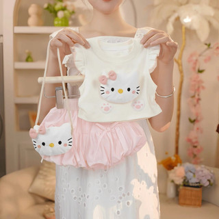 ((Túi miễn phí) Bé Gái KT Cat Tay Bay Dây Rút Tay Ngắn Ngọt Ngào Quần Mùa Hè Dễ Thương Cho Bé Phù Hợp Với