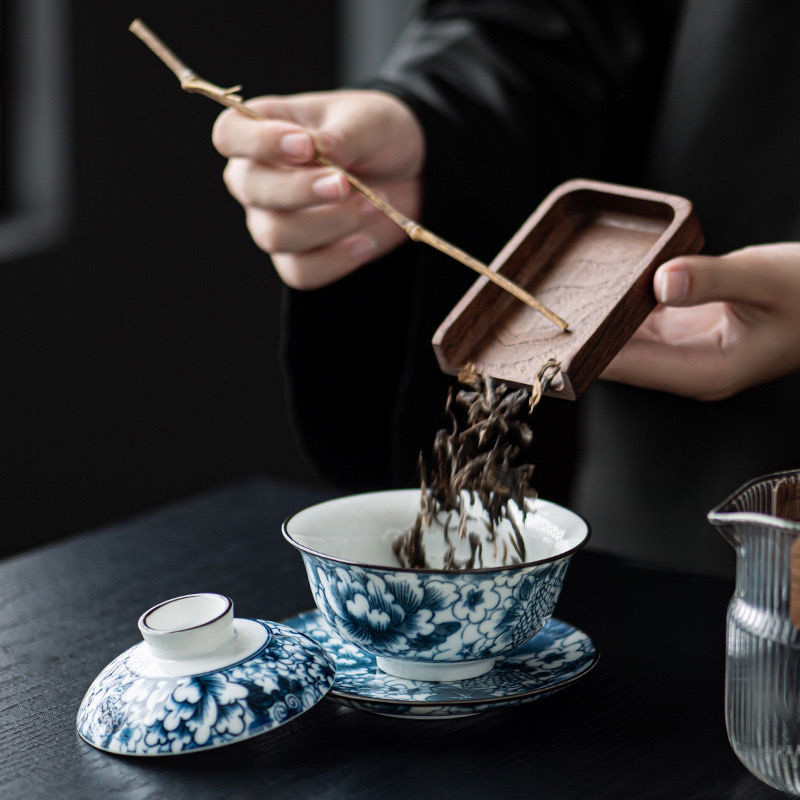 Bộ Trà Gaiwan Trắng Xanh Retro Bộ Trà Kung Fu Gốm sứ Trung Quốc