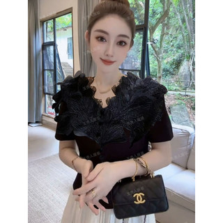 ✨Pháp Nhẹ Nhàng Ren Trắng Cổ Chữ V Slim-Fit Tay Ngắn Ôm Hơn Nhìn Áo Thun Phù Hợp Với Người Đi Làm Mỏng Hơn Nhìn Top 25.7.20