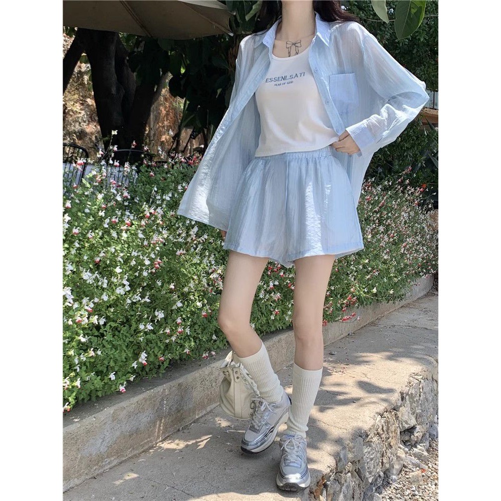 [Yu]Set hè nữ năng động, áo sơ mi dài tay chống nắng, quần short ống rộng dễ phối, thoải mái.