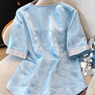 Áo sơ mi satin jacquard thêu phong cách Trung Hoa, cổ tròn tay ngắn cho mùa hè 2025