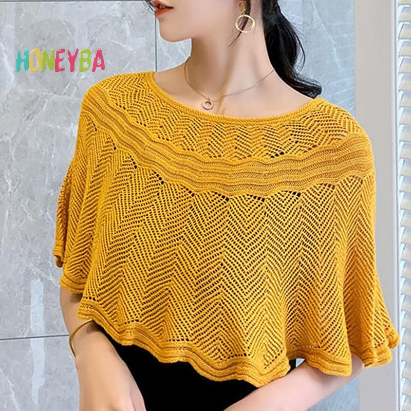 < Honeyba > Khăn choàng Cotton rỗng dệt kim dành cho nữ Áo mùa hè thu thanh lịch dành cho nữ Áo choàng chống nắng cho nữ