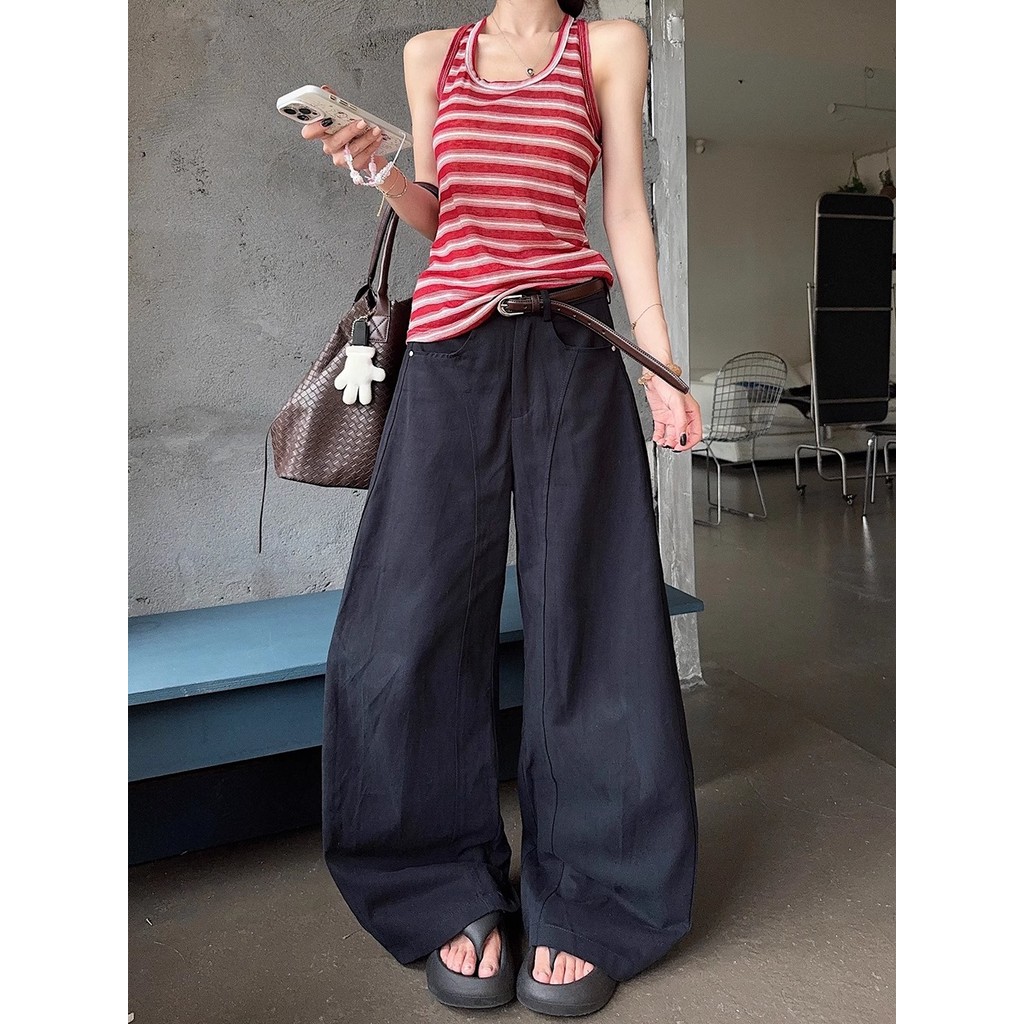 Milyfashion Sọc Đỏ Dây Buộc Dây Sling Mùa Hè Tinh Khiết Desire Không Tay Bên Trong Retro Slim-Fit Top Mặc Ngoài